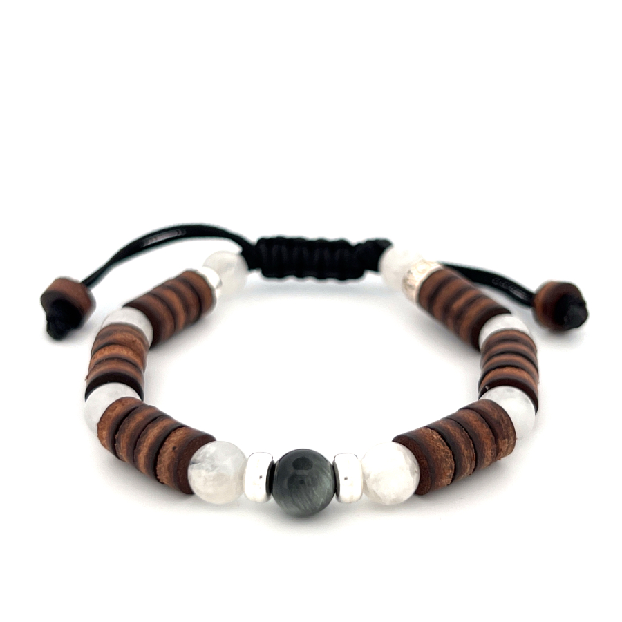 LeatherPearl Makramee-Armband mit Falkenauge und Mondstein